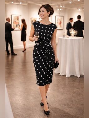 Ralph Lauren Black White Polka Dot Midi Dress Size 10 Ruched Waist Elegant Chic